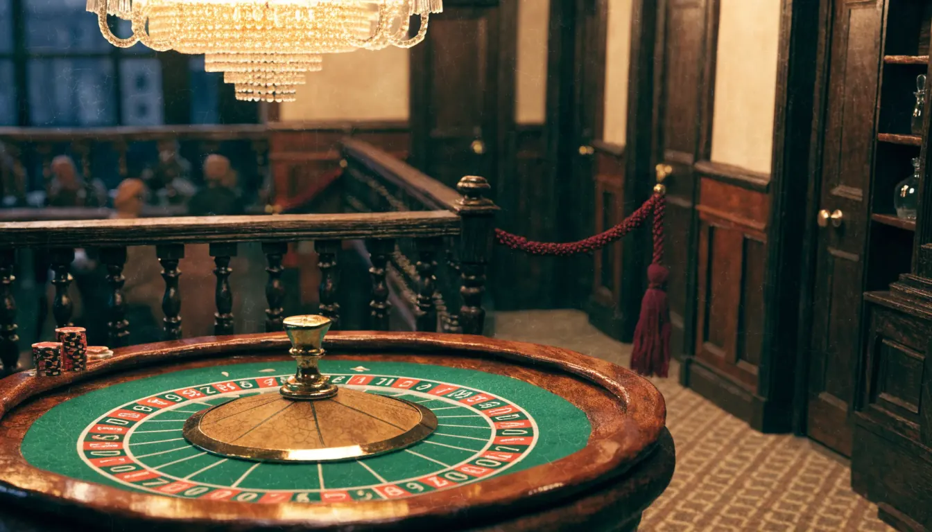 Elegant UK casino lounge with roulette table and chips under chandelier light.