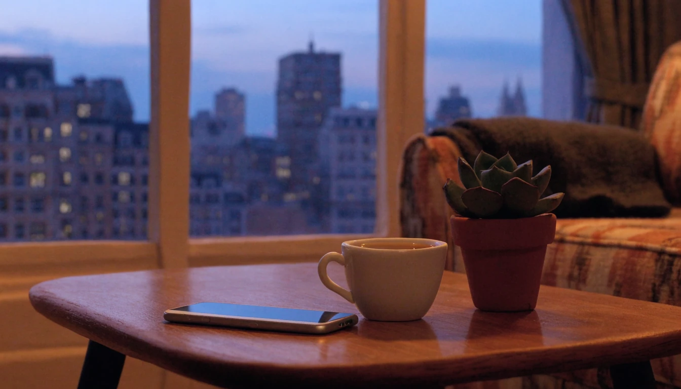London apartment evening scene with smartphone on coffee table.
