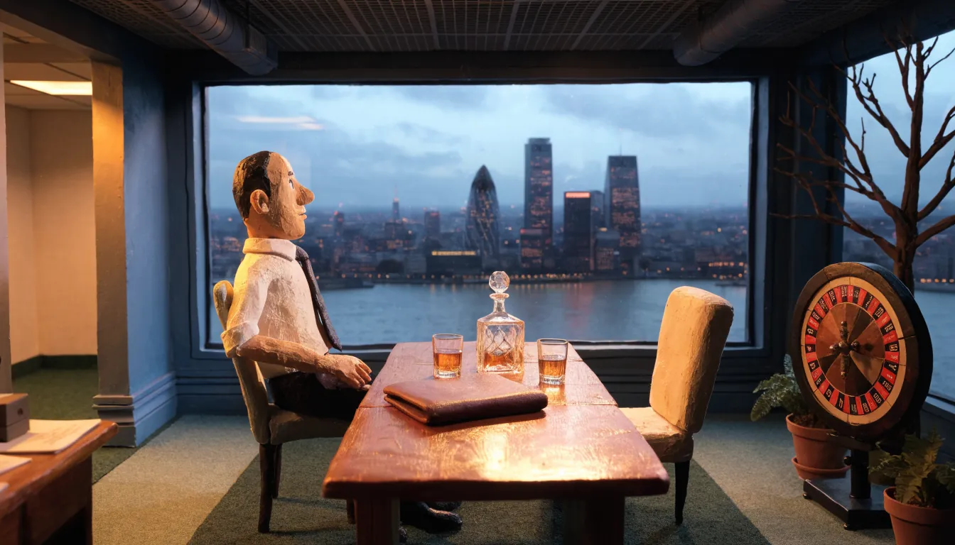 London office with Thames skyline, conference table, and decorative roulette wheel