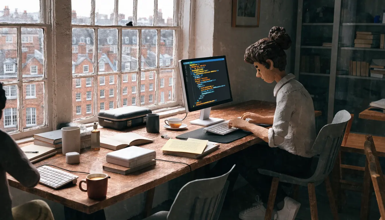 Game developer workspace overlooking classic London architecture with a cup of tea.