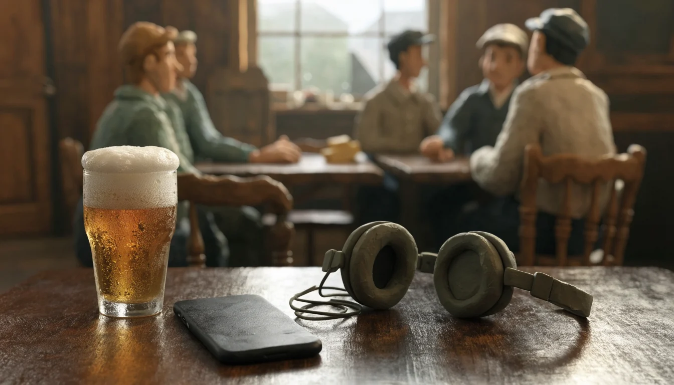 Smartphone on a British pub table with a pint, warm evening interior.