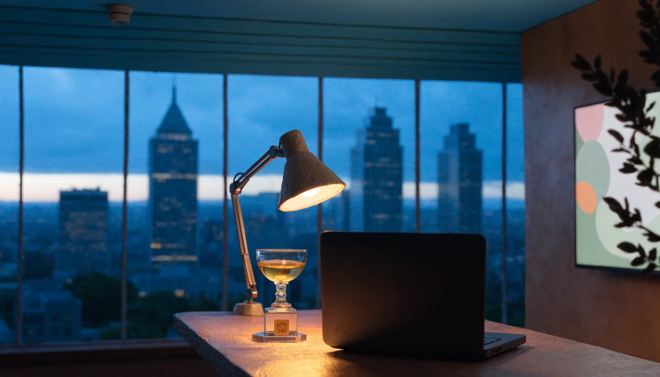 Modern office with closed laptop and award trophy overlooking London at dusk.