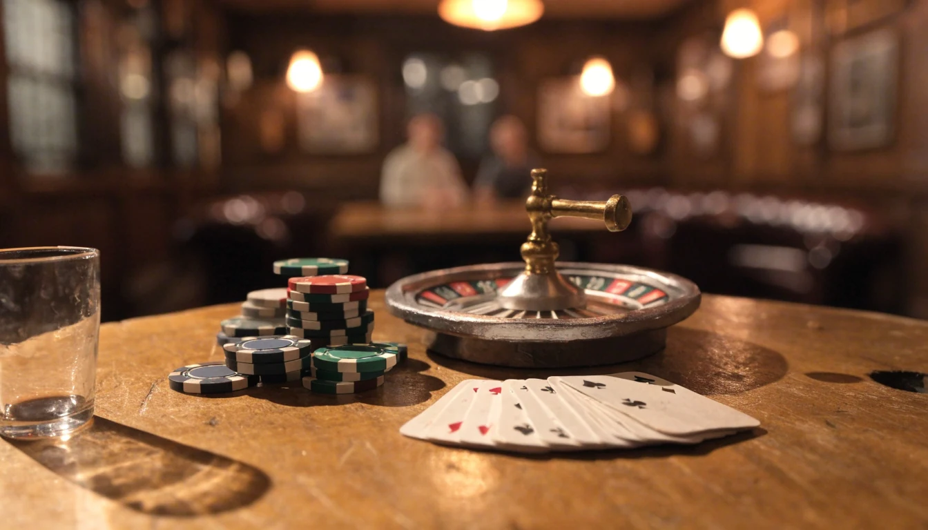 Casino chips, roulette wheel, and playing cards on a British pub table