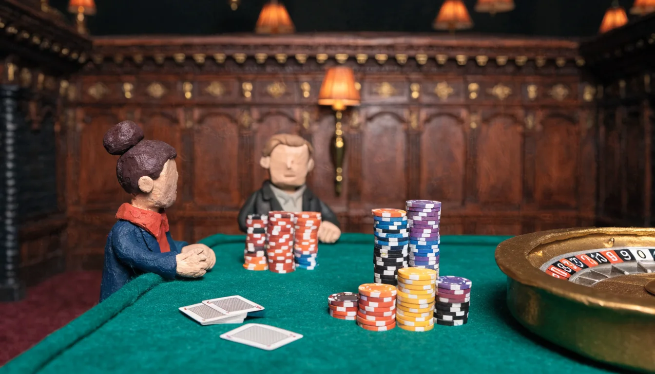 Elegant British casino interior with green felt table, poker chips, cards, and roulette wheel under warm amber lighting