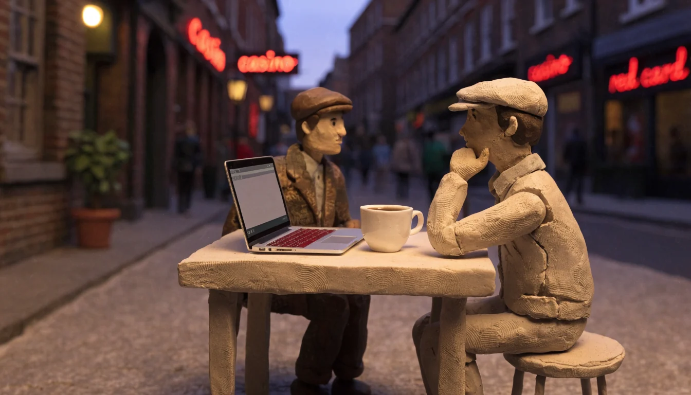 UK café terrace with laptop showing casino homepage