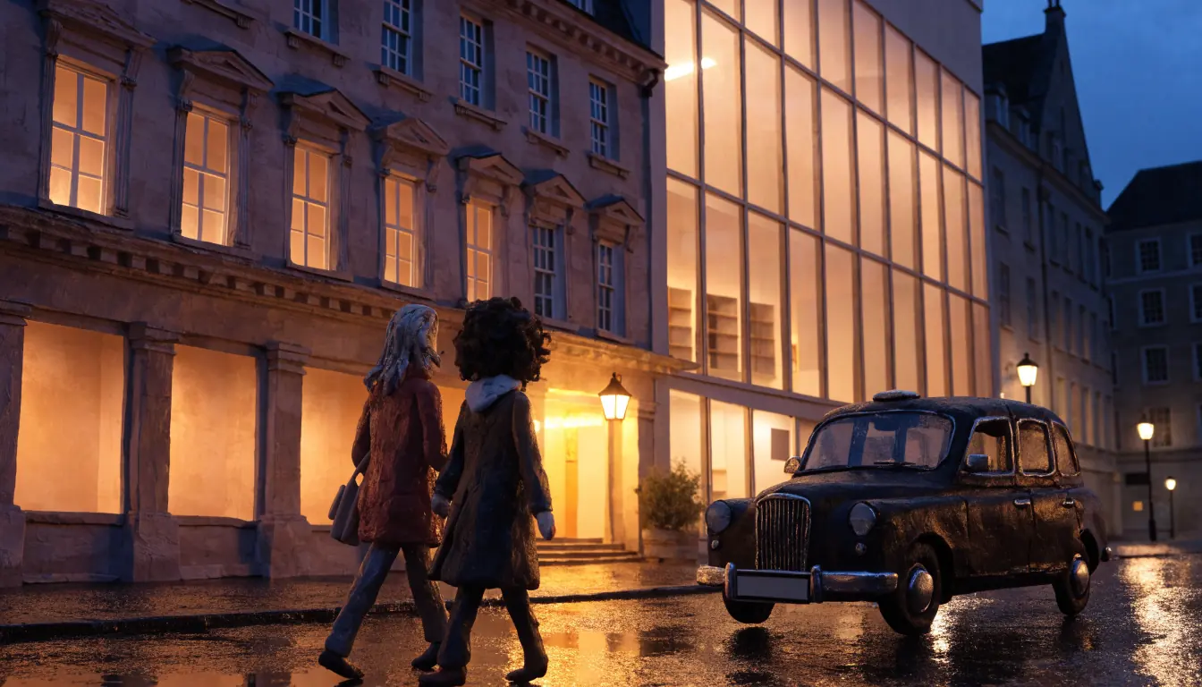 Elegant British city street at dusk with warmly lit venue facades and reflected golden lights on wet pavement.
