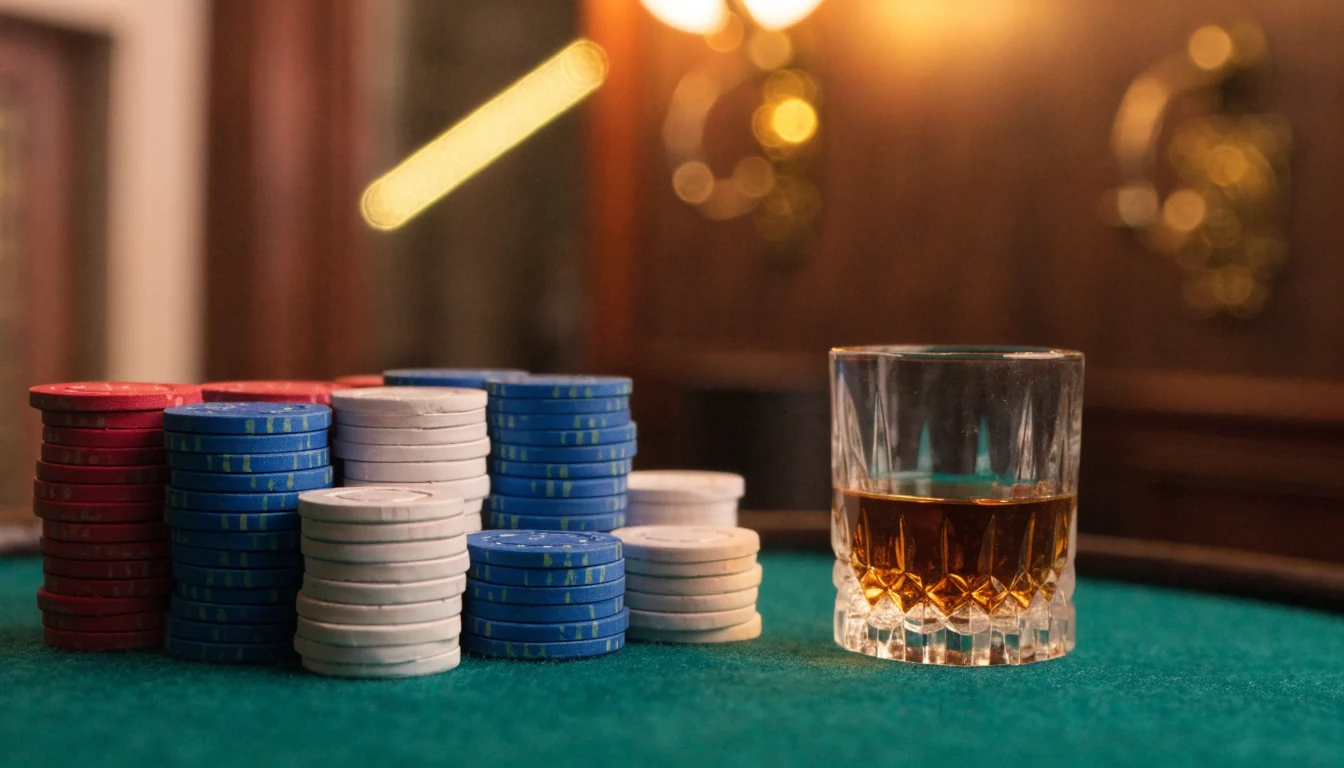 Stacked casino chips on green felt under warm golden lounge lighting with British ambiance.