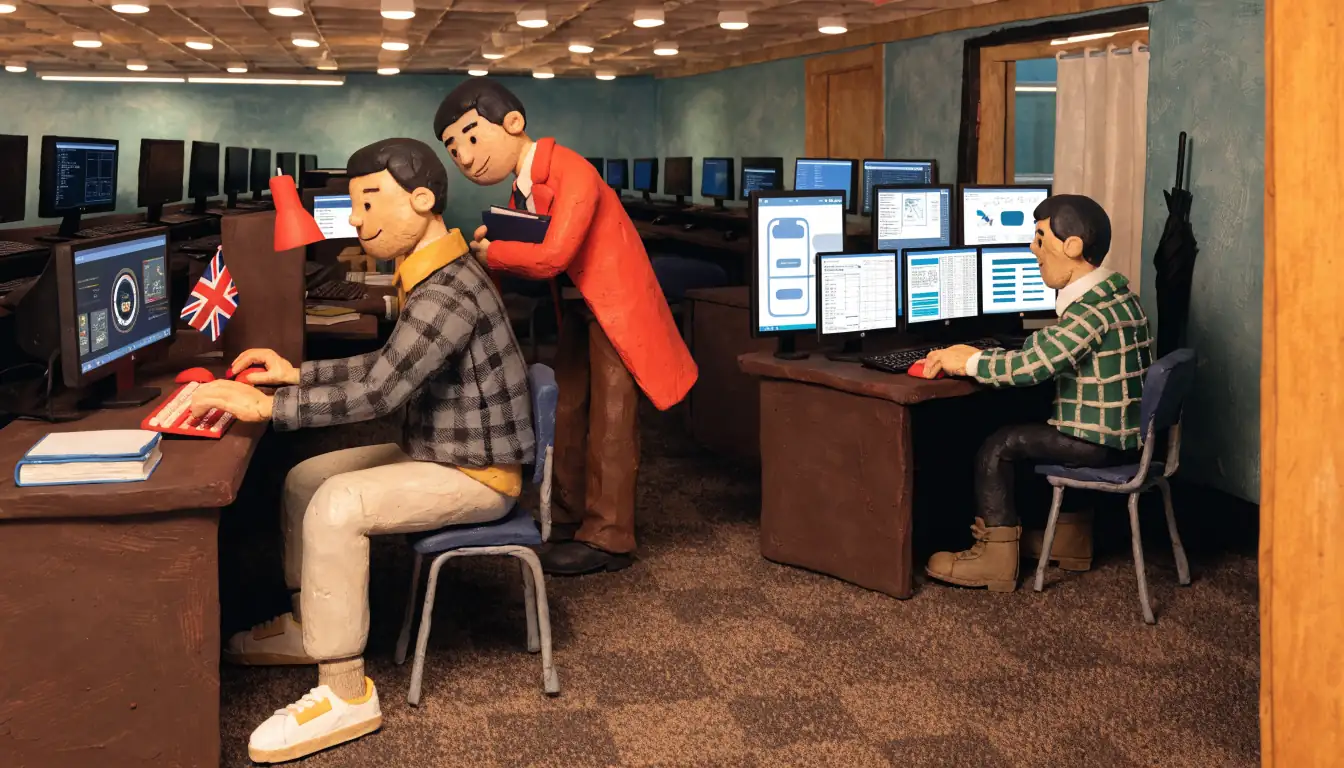 British online casino office interior with developers at workstations