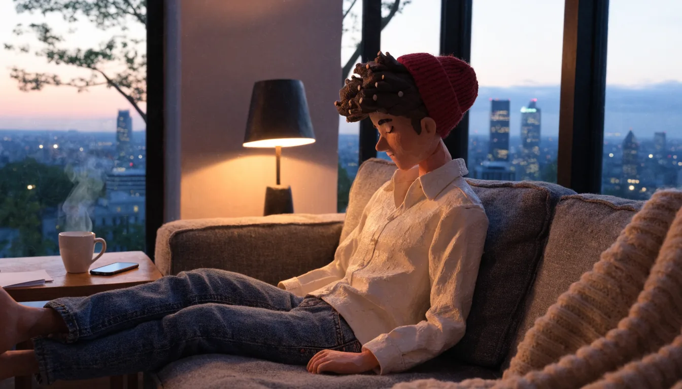 British adult relaxing on sofa in London apartment at dusk with face-down smartphone and tea