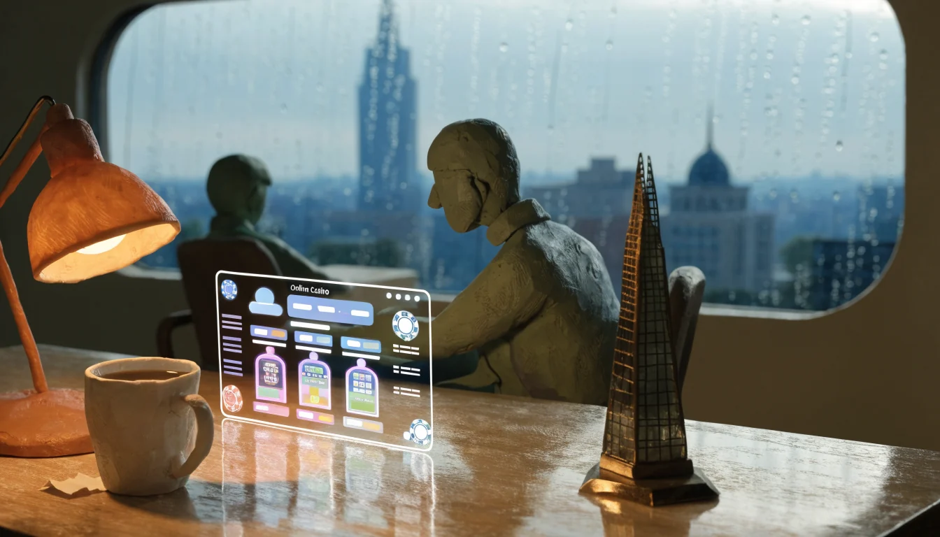 Online casino lobby interface above a desk with London skyline view