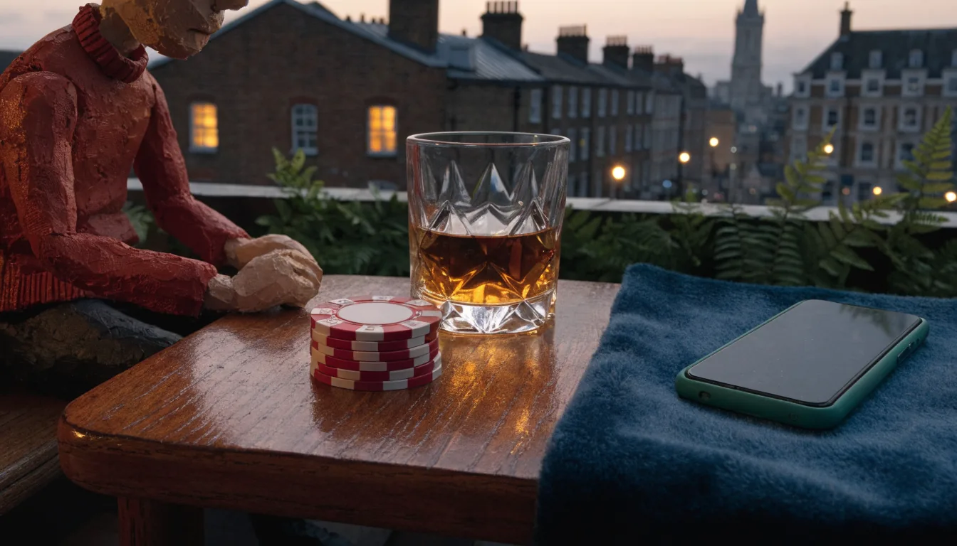 London rooftop lounge with casino chips, whisky and a phone at dusk.