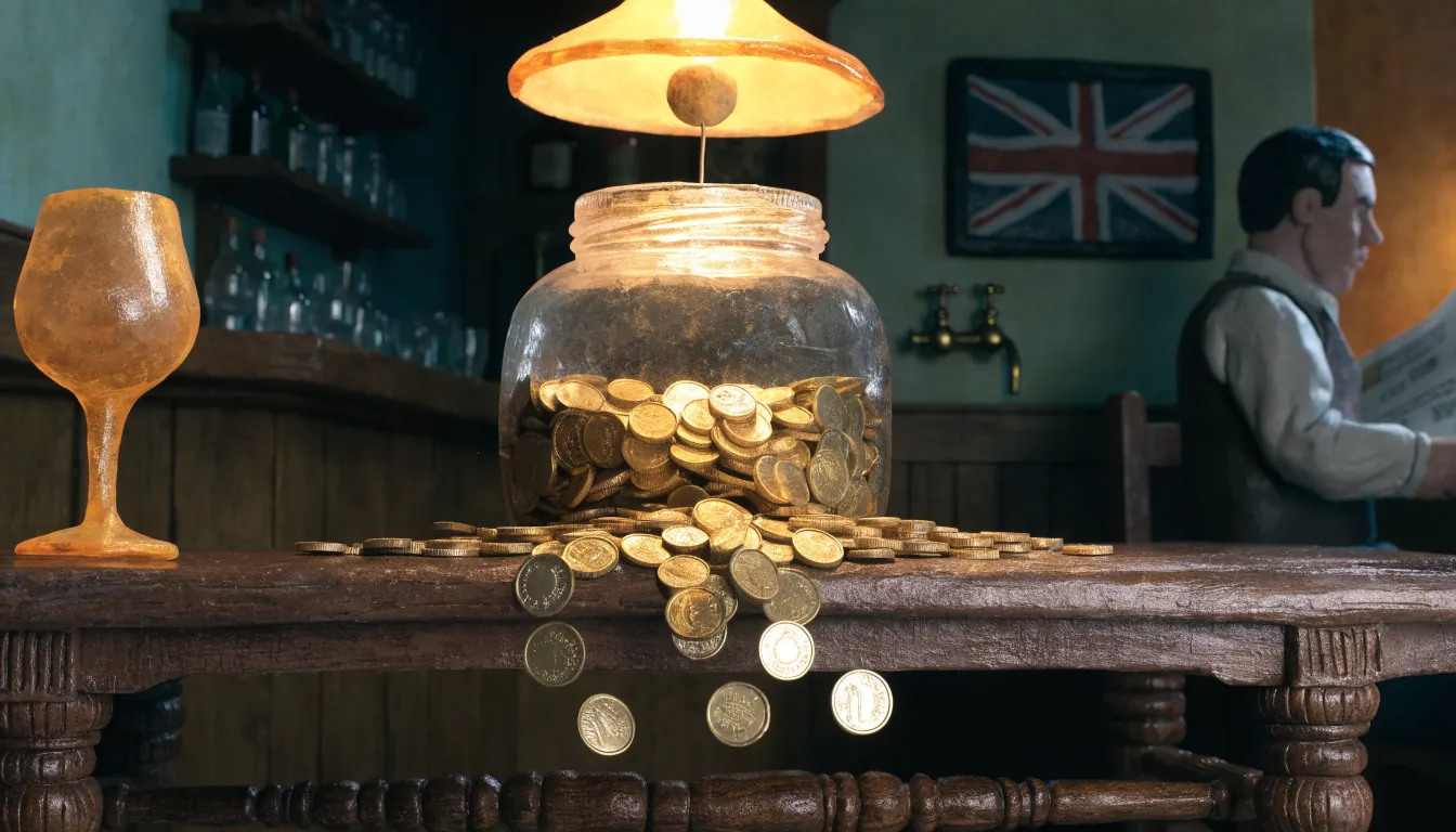 Overflowing jar of gold coins in a British pub