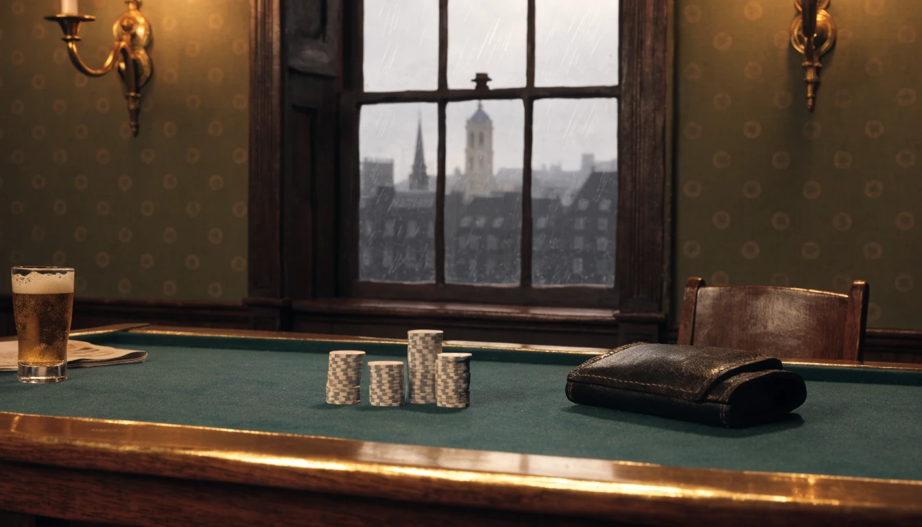 Empty gaming table in a traditional London club room with chips and a pint