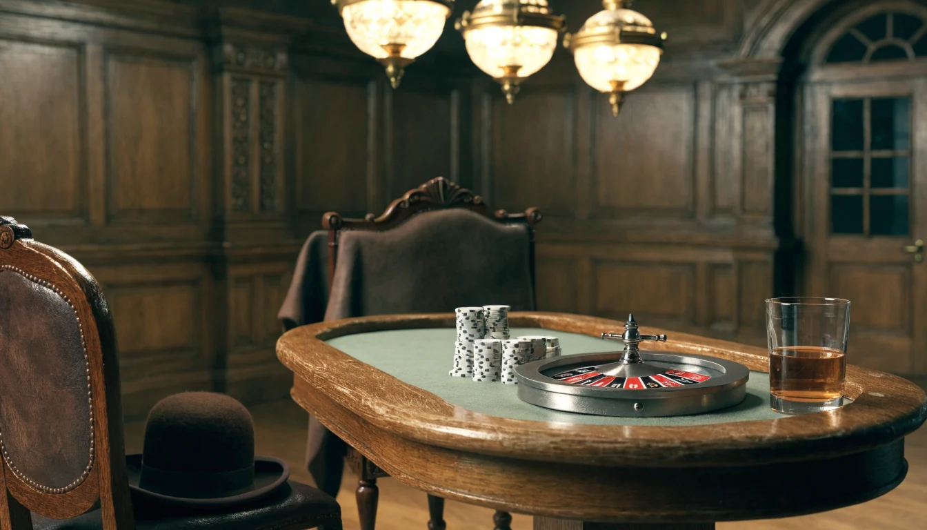 Elegant British club card table with chips, roulette wheel and whisky under warm lighting