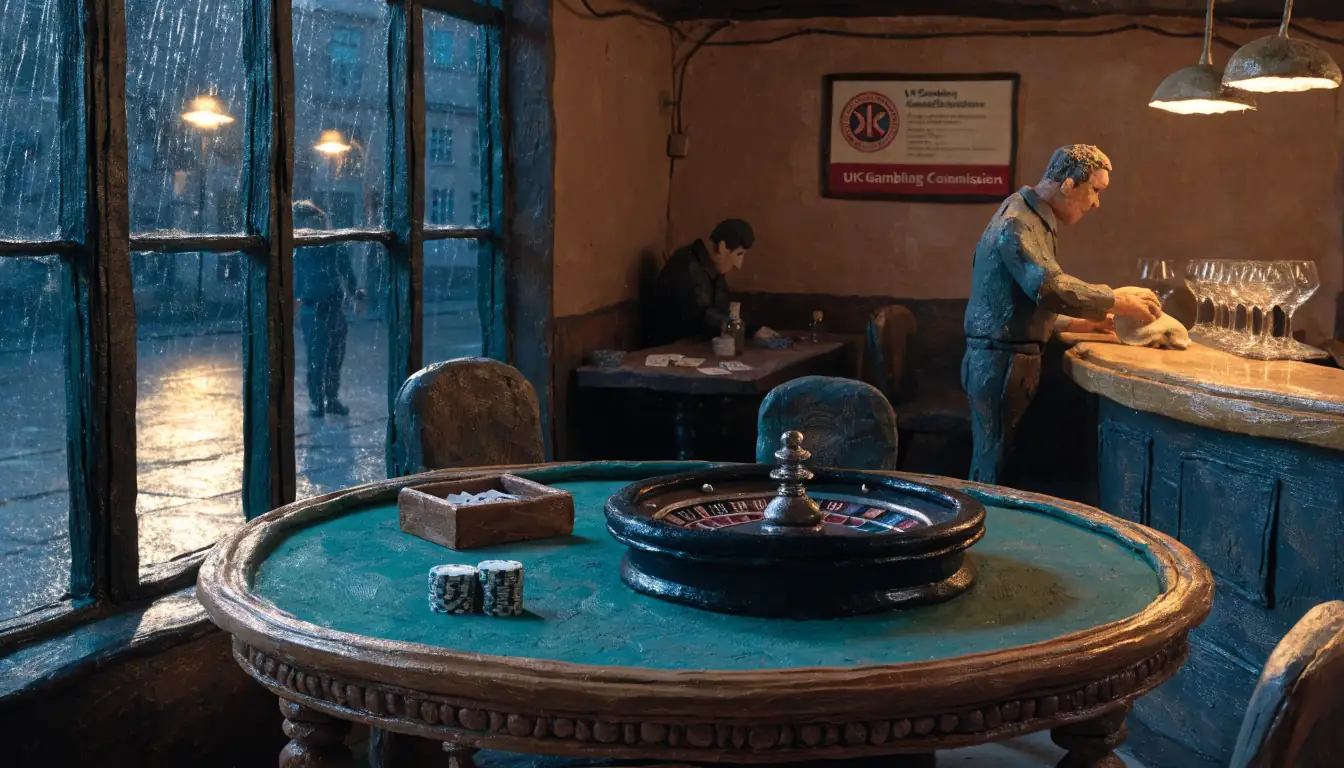 London casino lounge with card table, roulette wheel and rainy street window.