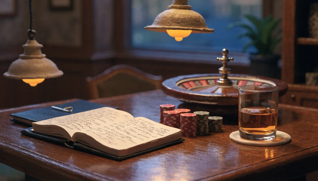 Quiet casino lounge with chip stacks, roulette wheel, notebook and warm lamps.