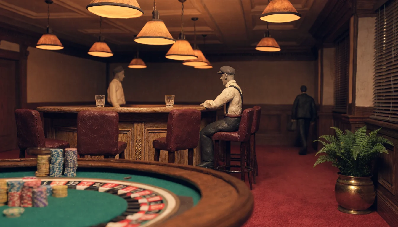 Traditional UK casino lounge with roulette table, warm lighting, and British interior details