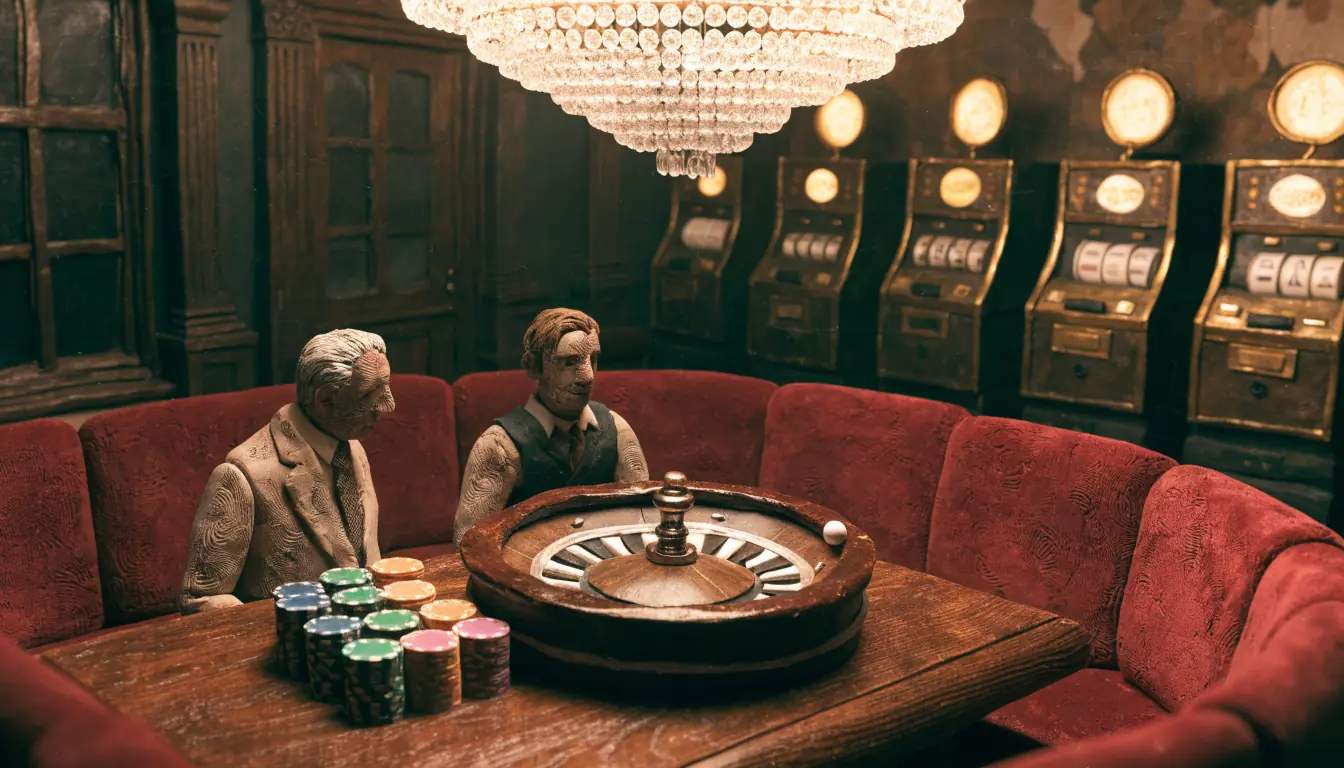 Elegant British casino lounge with roulette wheel and chip stacks