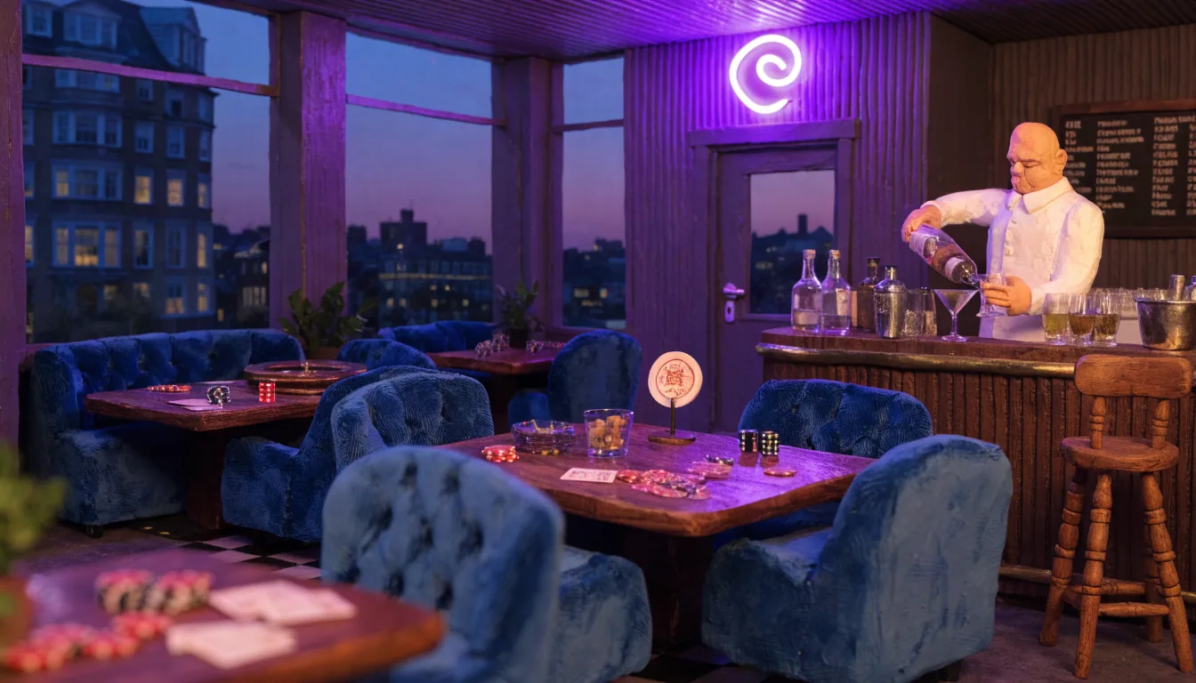 Modern UK gaming lounge with casino chips, roulette wheel, and purple neon lighting overlooking London's evening skyline.