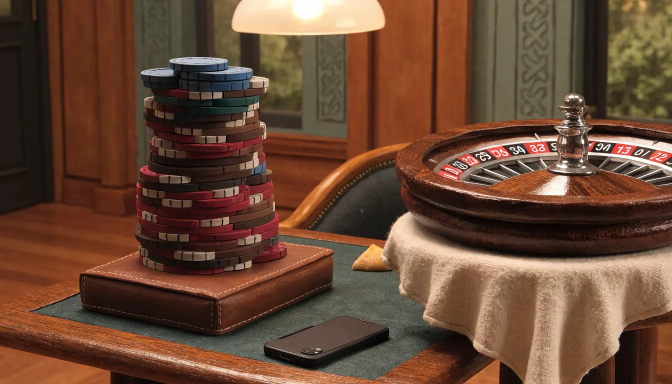 Modern UK casino lounge interior with chips, roulette wheel, and a smartphone on the table.