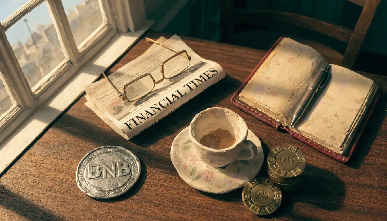 BNB coin alongside British desk items in afternoon light