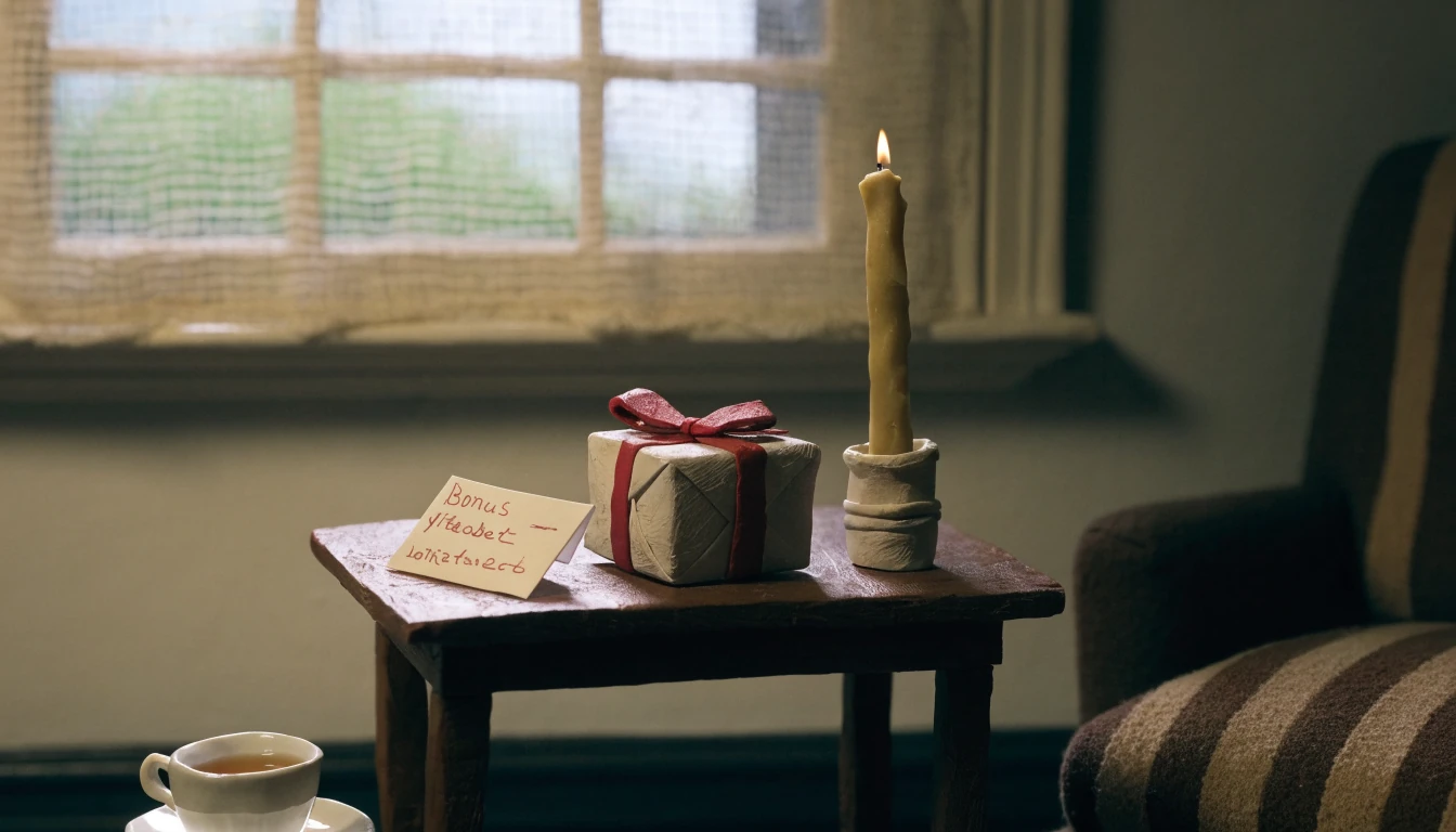 Wrapped gift, card and candle on a British living-room side table.