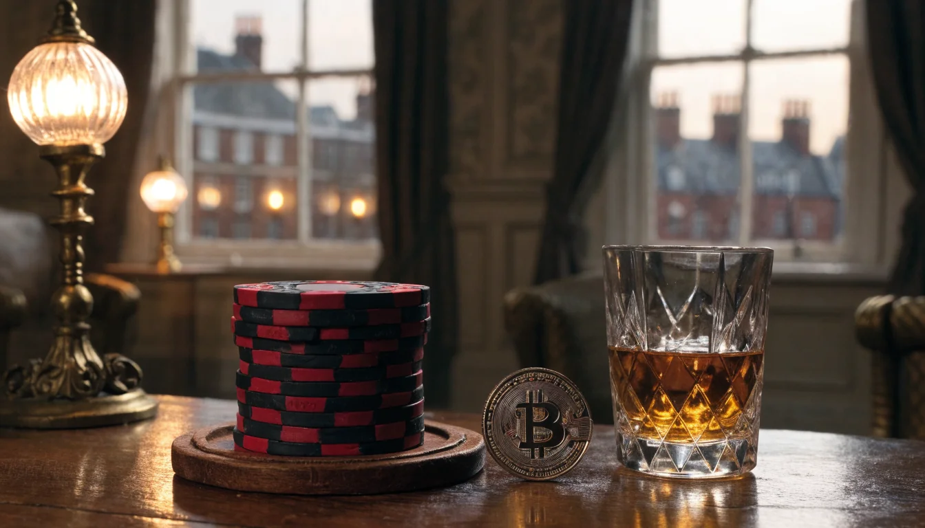 Casino chips and a Bitcoin Cash coin on a wooden club table in London
