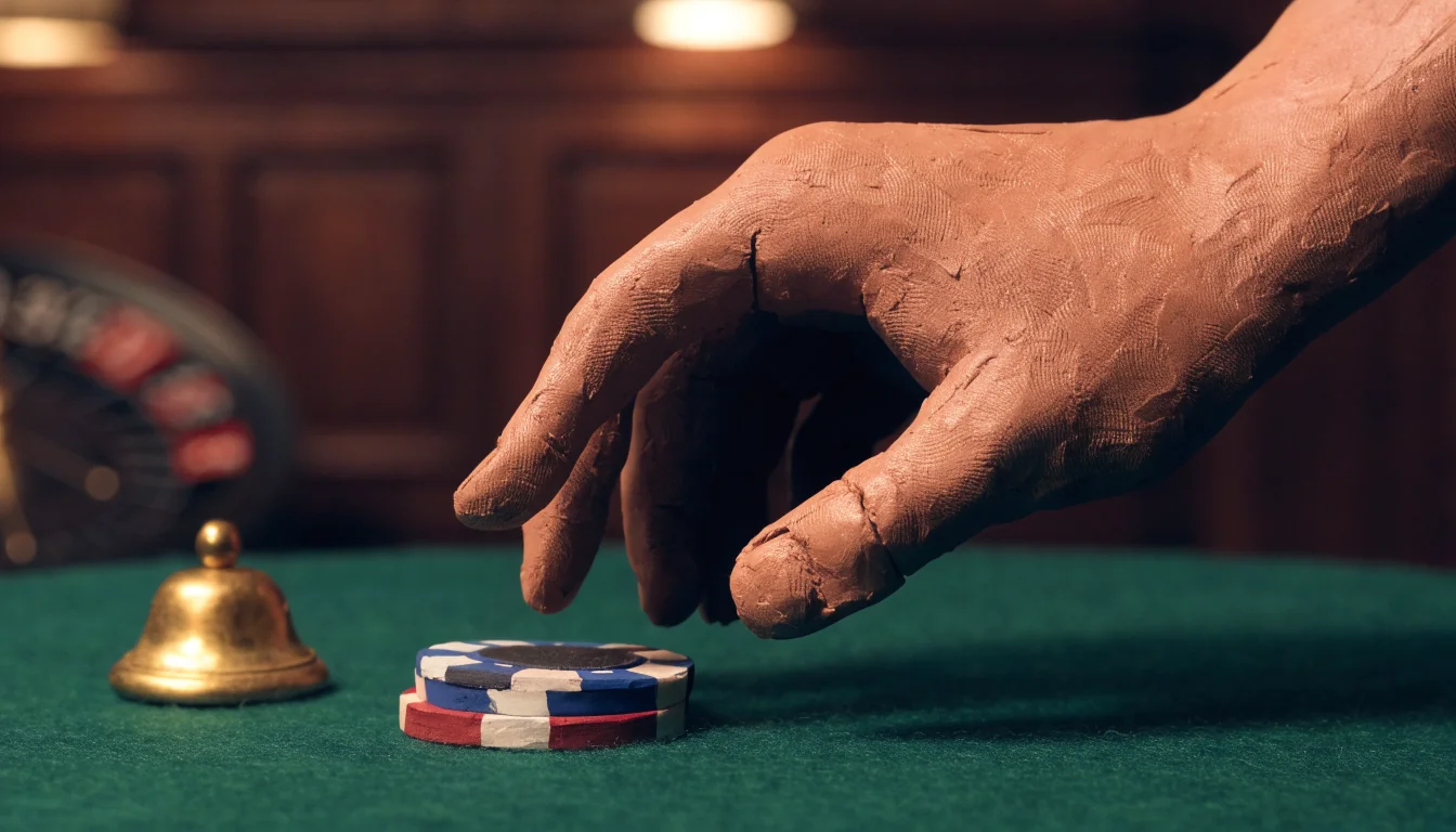 Stacked casino chips on felt with a brass bell, hand reaching out.