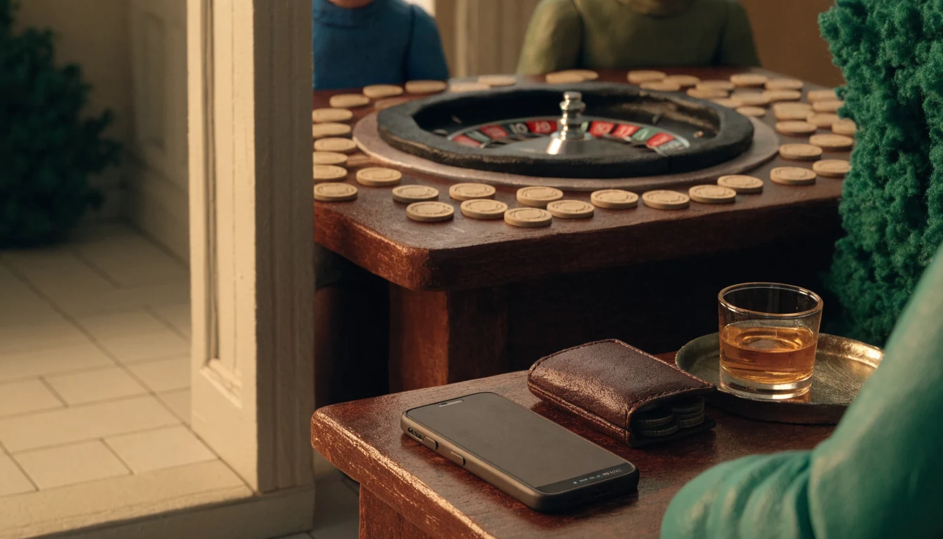Casino roulette table with chips beside a smartphone and wallet