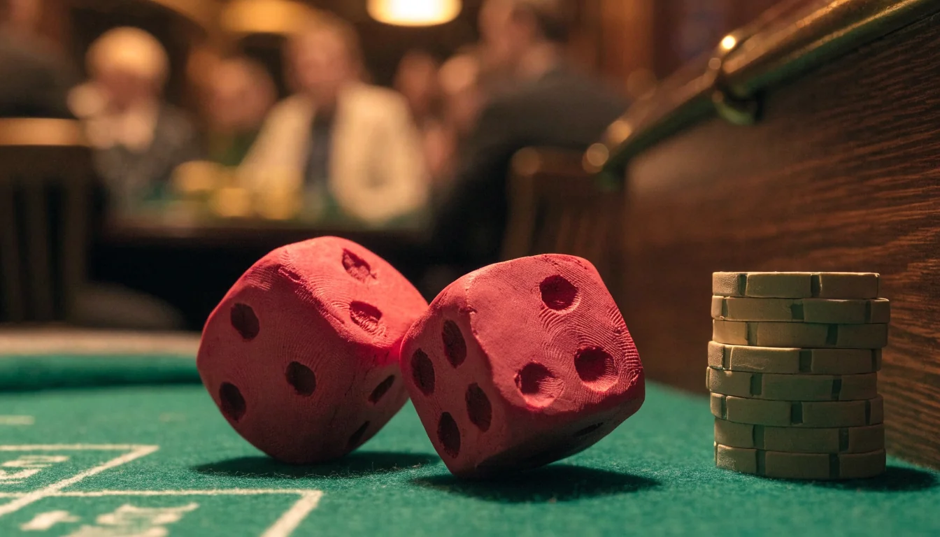 Red dice rolling on green felt with chips at a UK casino table