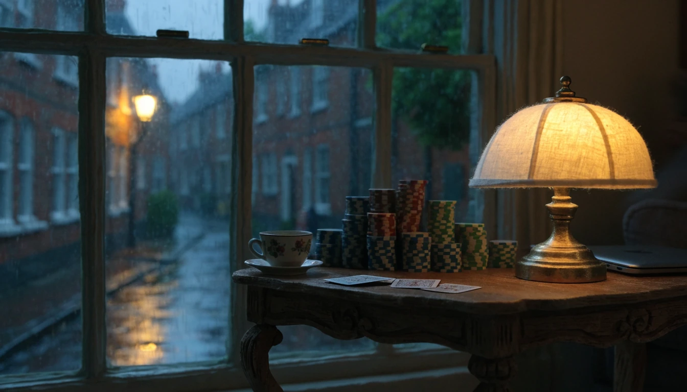 Casino chips and playing cards on a wooden table in a British living room at dusk