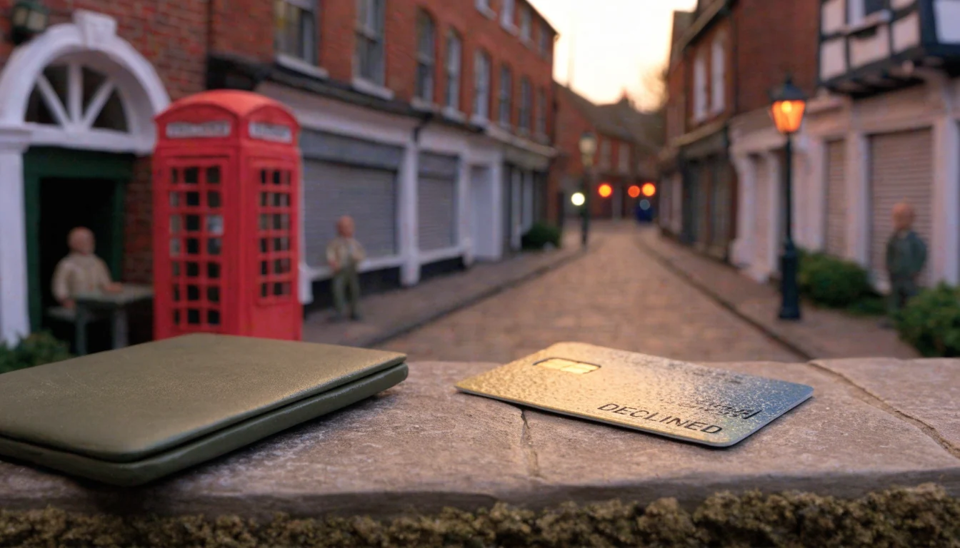Declined UK credit card on a city ledge with closed laptop