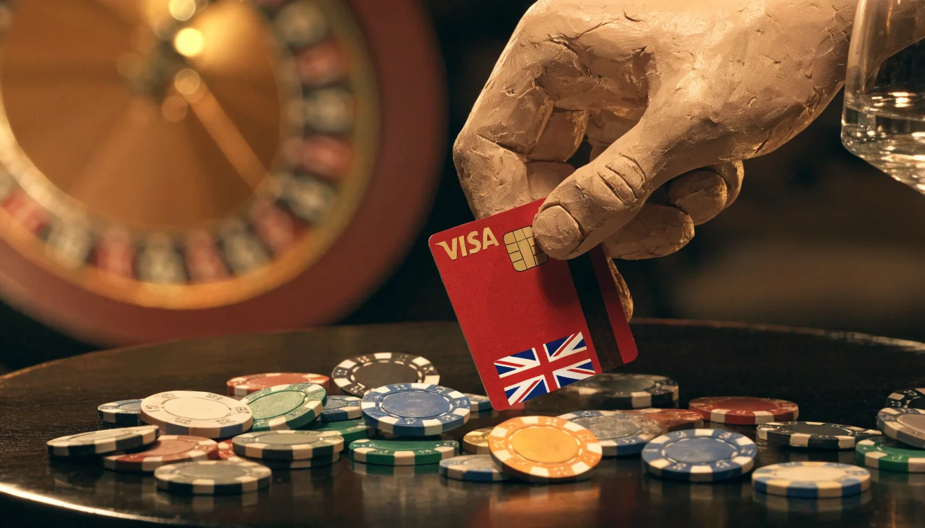 Hand holding a UK debit card above a casino table with poker chips and a roulette wheel