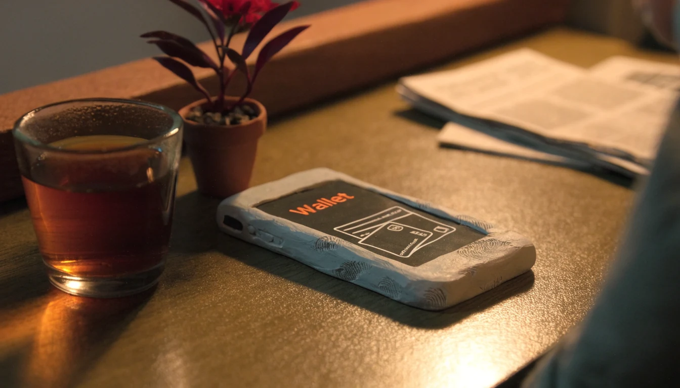 Smartphone with wallet app on a British home desk beside tea.