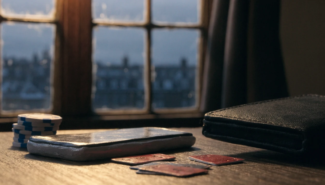 Smartphone, poker chips, and playing cards on a wooden table near a British window.