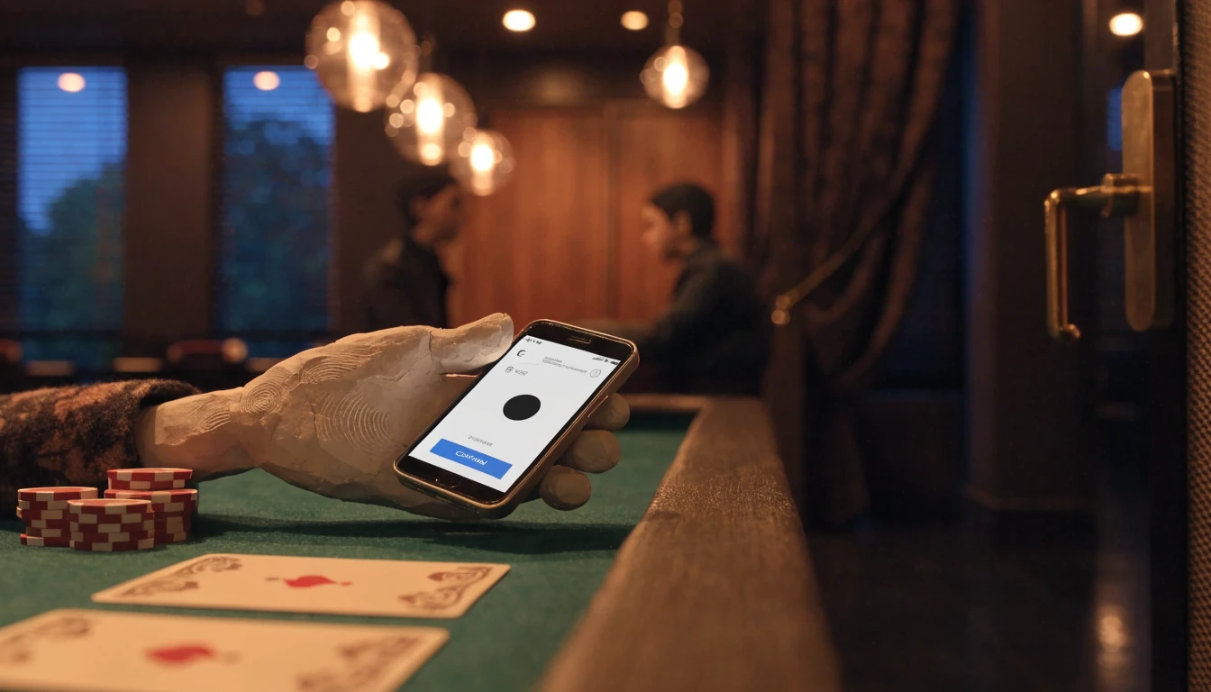 UK casino lounge interior with stacked chips, dealt cards and a smartphone showing a digital wallet on a green felt table.