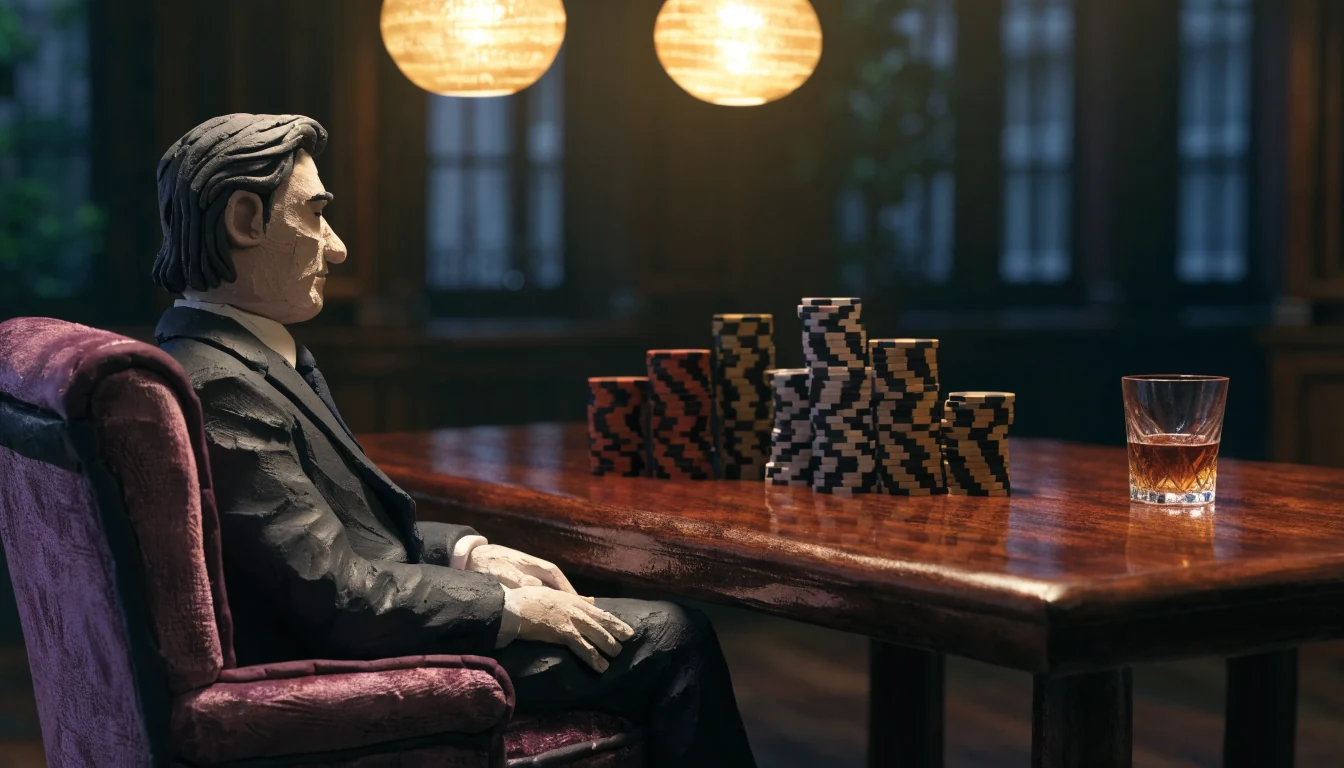 High-limit casino lounge with chips, whiskey, and a suited player under warm lamps.
