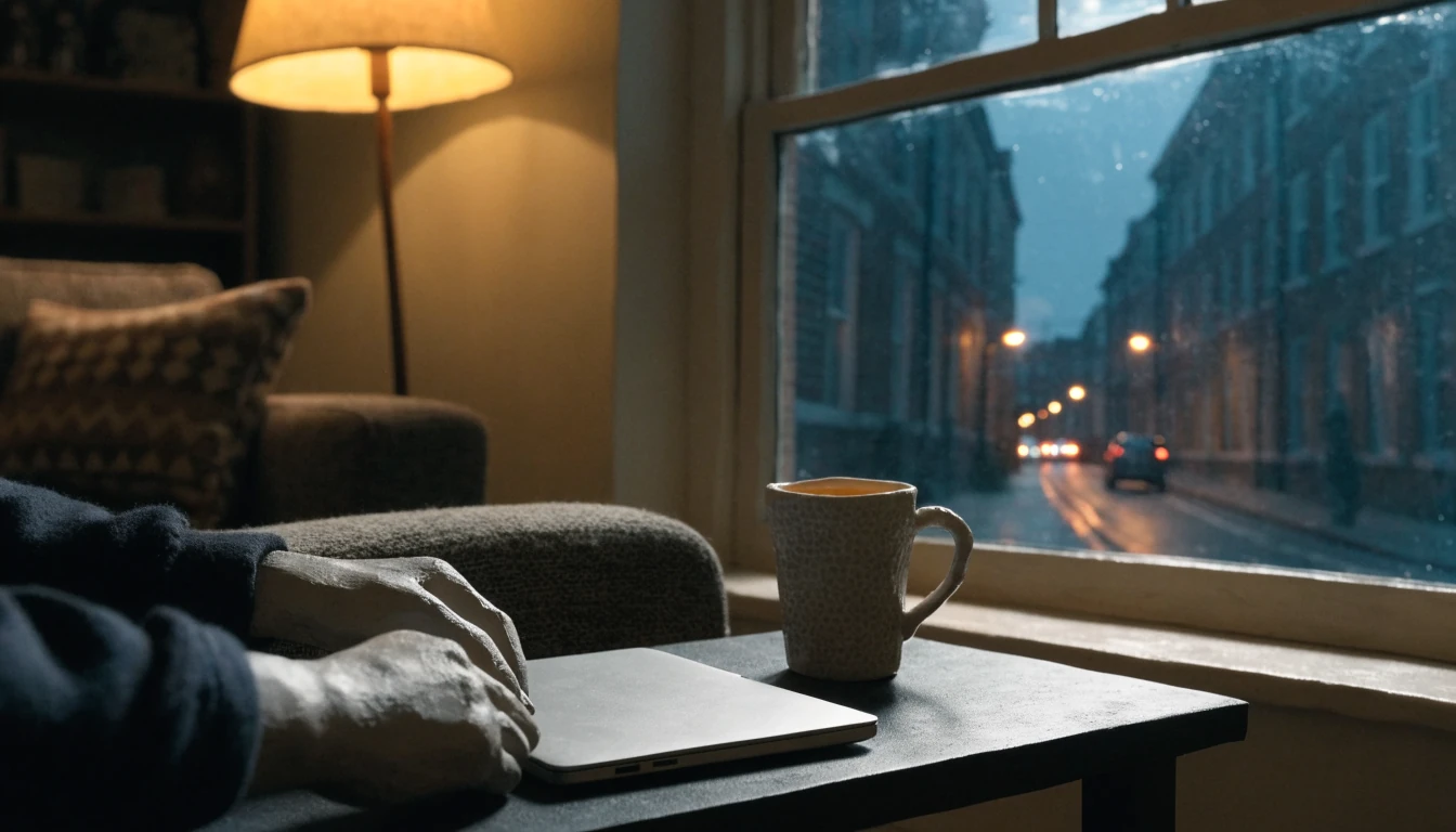 Closed laptop on a coffee table in a dim British living room at night