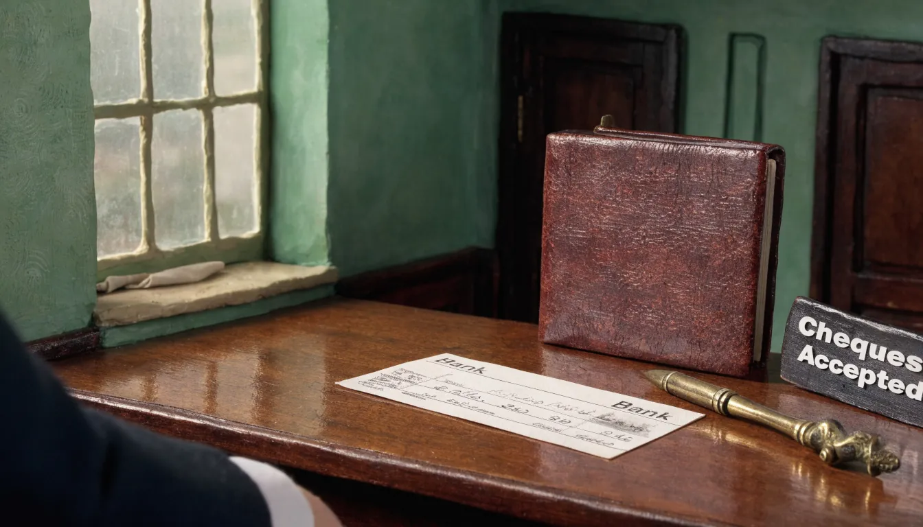 A bank cheque beside a closed chequebook on a wooden desk in a classic British study, with a small notice indicating cheques are not accepted.