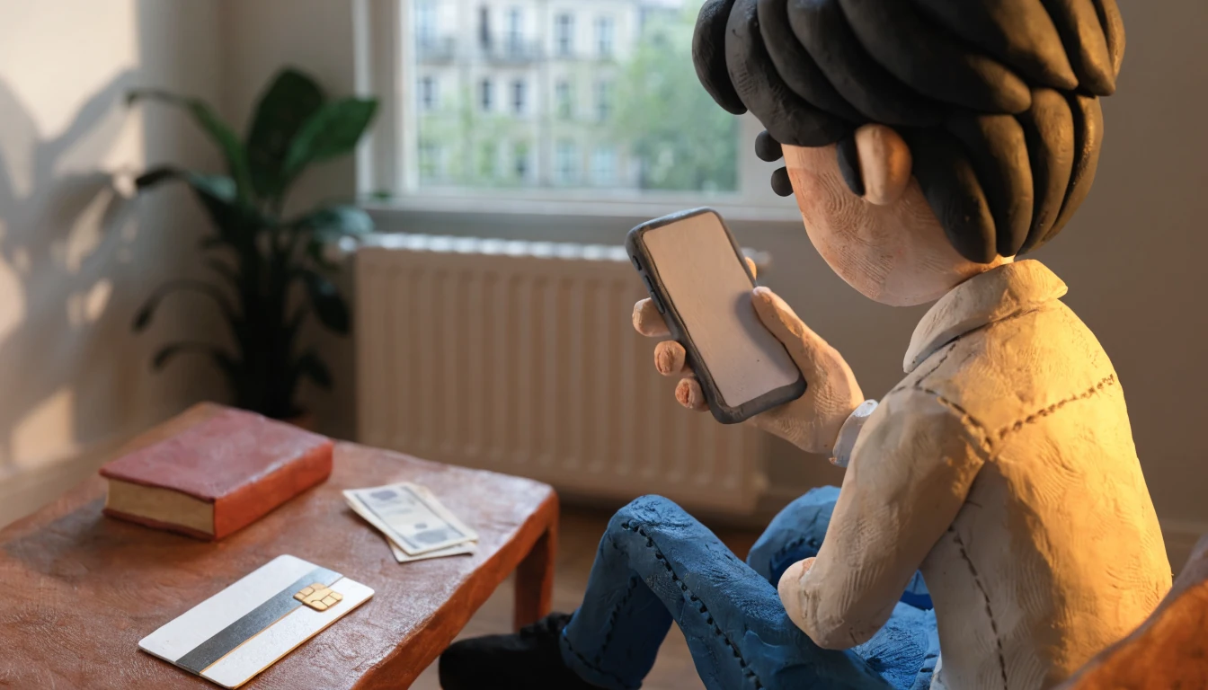 Person in UK flat holding smartphone near debit card and pound notes, contemplating mobile payment