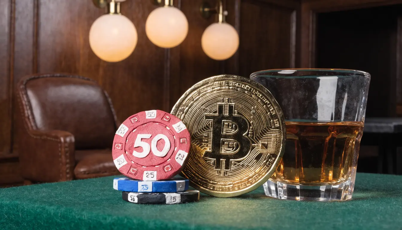 Casino chips and a gold crypto coin on a green baize table in a British club.