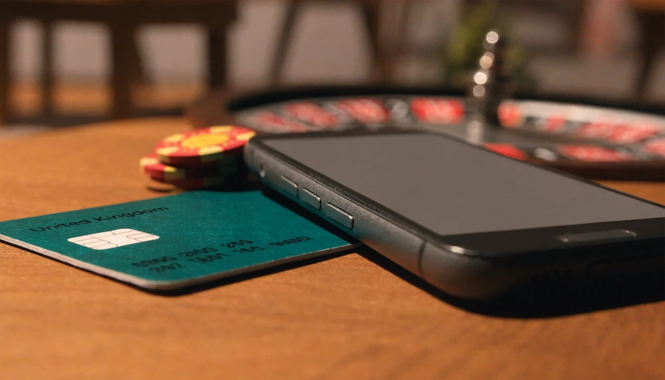 UK bank card, smartphone, and casino chips on a table