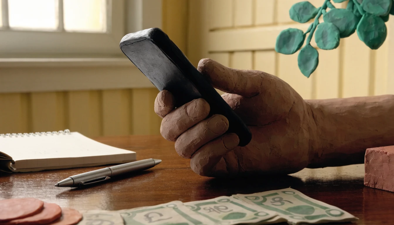 Hand holding a phone over a desk with notebook and pound notes.