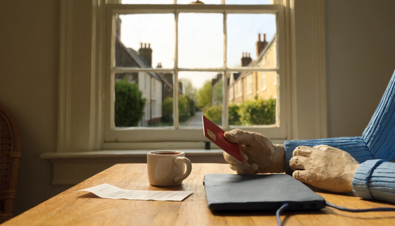Hand holding a card by a turned-away laptop in a London home