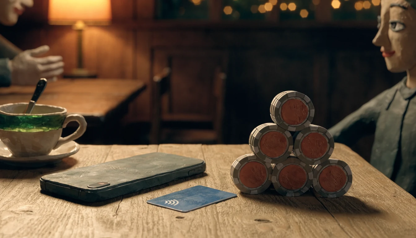 British pub tabletop with smartphone, payment card, and casino chips at evening