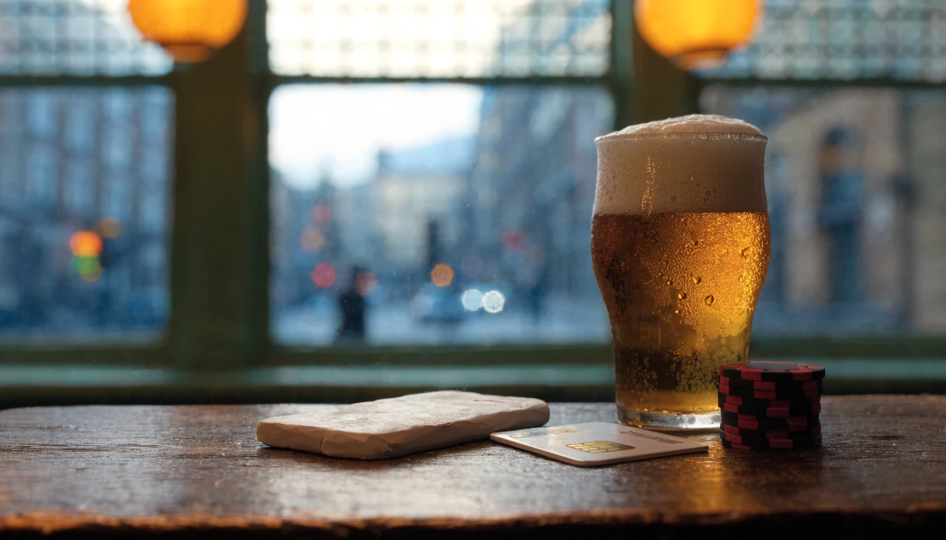 Smartphone and contactless card on a British pub table beside poker chips