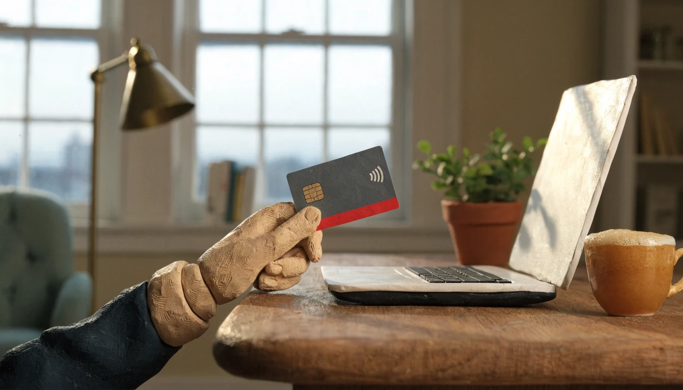 Hand holding a debit card next to a laptop on a British home desk.