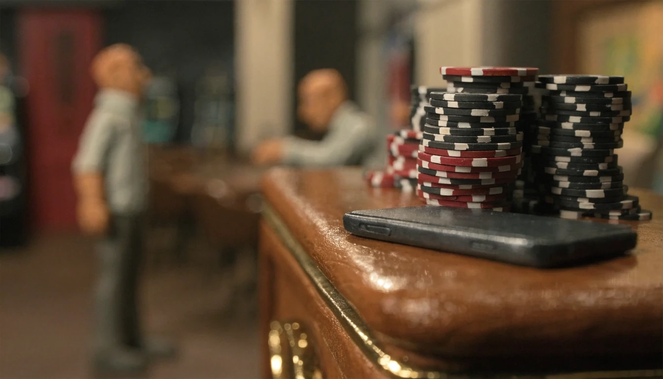 Casino chips and a closed phone on a UK casino cashier counter.