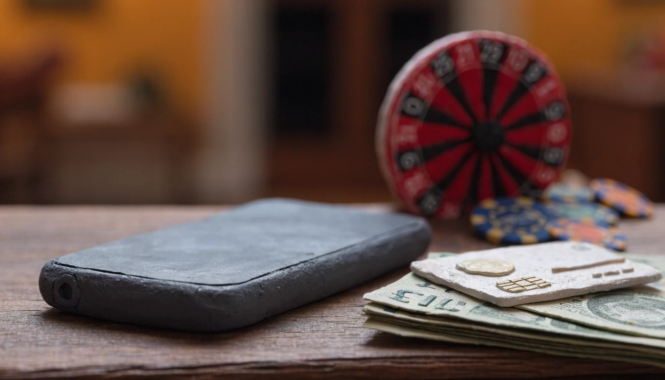 Smartphone with pound banknotes, bank card, roulette wheel and chips on a wooden desk