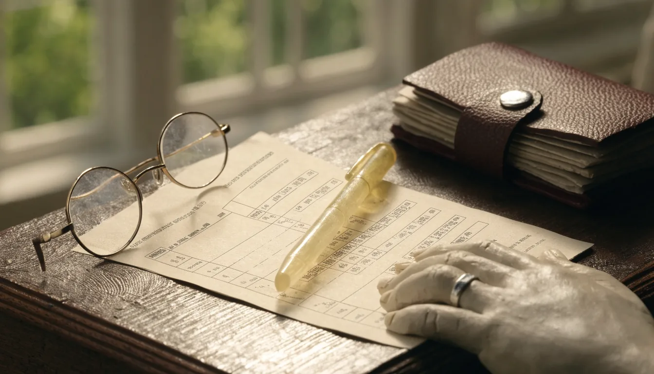 British desk scene with chequebook, statement, and glasses under window daylight.
